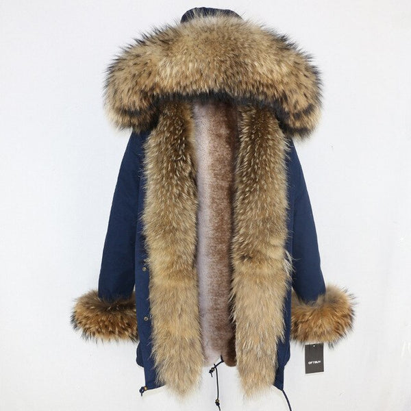 2019 Long Parkas Real Fur Parka Winter Jacket Coat Women Natural Silver Fox Fur Trim Hood Thick Warm Streetwear Detachable New