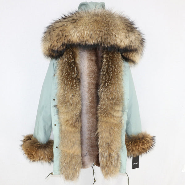 2019 Long Parkas Real Fur Parka Winter Jacket Coat Women Natural Silver Fox Fur Trim Hood Thick Warm Streetwear Detachable New
