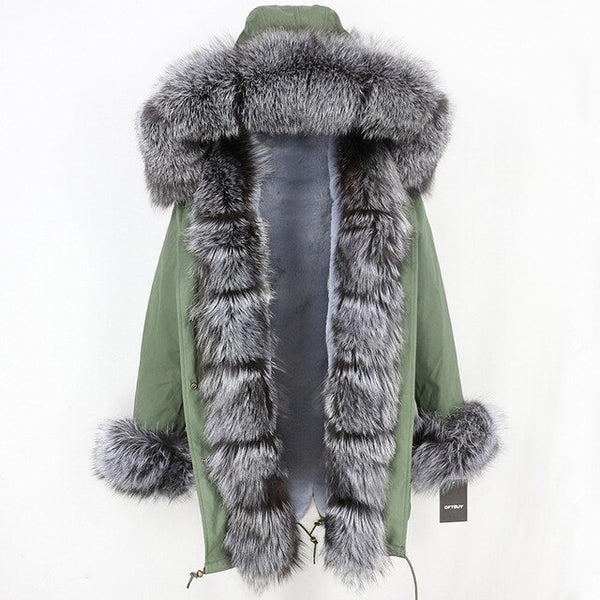 2019 Long Parkas Real Fur Parka Winter Jacket Coat Women Natural Silver Fox Fur Trim Hood Thick Warm Streetwear Detachable New