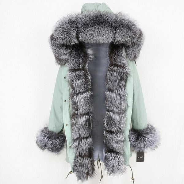 2019 Long Parkas Real Fur Parka Winter Jacket Coat Women Natural Silver Fox Fur Trim Hood Thick Warm Streetwear Detachable New