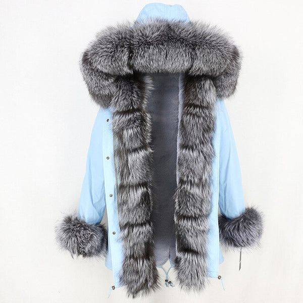 2019 Long Parkas Real Fur Parka Winter Jacket Coat Women Natural Silver Fox Fur Trim Hood Thick Warm Streetwear Detachable New