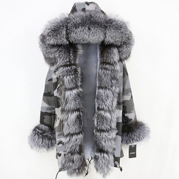 2019 Long Parkas Real Fur Parka Winter Jacket Coat Women Natural Silver Fox Fur Trim Hood Thick Warm Streetwear Detachable New