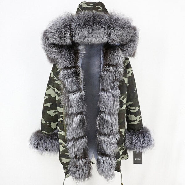 2019 Long Parkas Real Fur Parka Winter Jacket Coat Women Natural Silver Fox Fur Trim Hood Thick Warm Streetwear Detachable New