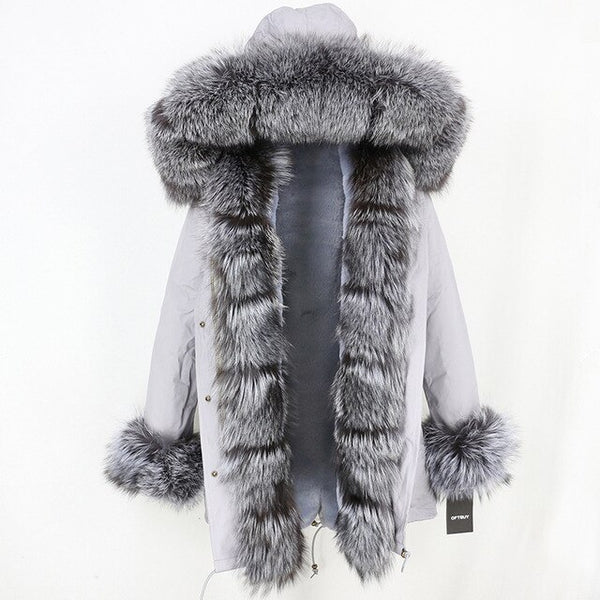2019 Long Parkas Real Fur Parka Winter Jacket Coat Women Natural Silver Fox Fur Trim Hood Thick Warm Streetwear Detachable New