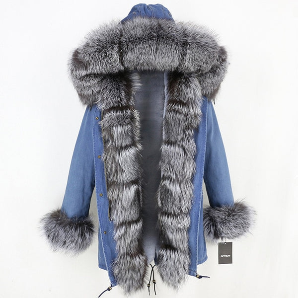 2019 Long Parkas Real Fur Parka Winter Jacket Coat Women Natural Silver Fox Fur Trim Hood Thick Warm Streetwear Detachable New