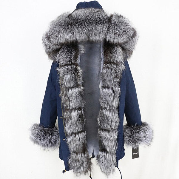 2019 Long Parkas Real Fur Parka Winter Jacket Coat Women Natural Silver Fox Fur Trim Hood Thick Warm Streetwear Detachable New