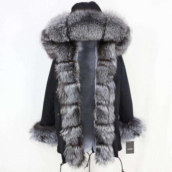 2019 Long Parkas Real Fur Parka Winter Jacket Coat Women Natural Silver Fox Fur Trim Hood Thick Warm Streetwear Detachable New