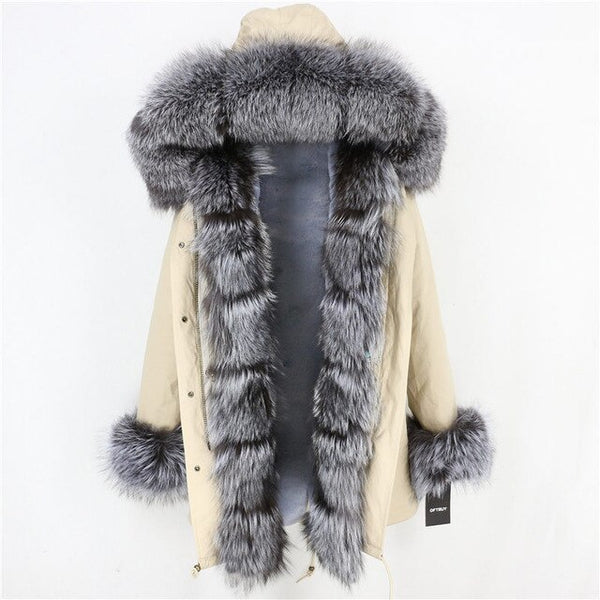 2019 Long Parkas Real Fur Parka Winter Jacket Coat Women Natural Silver Fox Fur Trim Hood Thick Warm Streetwear Detachable New