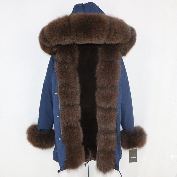 2019 Long Parkas Real Fur Parka Winter Jacket Coat Women Natural Silver Fox Fur Trim Hood Thick Warm Streetwear Detachable New