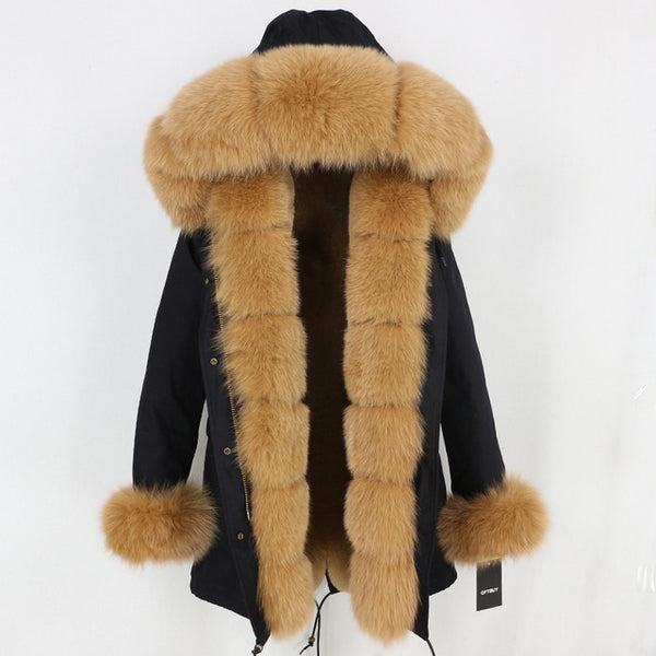 2019 Long Parkas Real Fur Parka Winter Jacket Coat Women Natural Silver Fox Fur Trim Hood Thick Warm Streetwear Detachable New