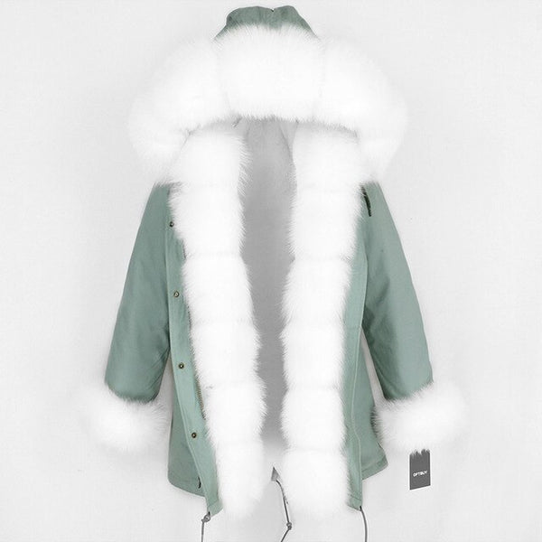 2019 Long Parkas Real Fur Parka Winter Jacket Coat Women Natural Silver Fox Fur Trim Hood Thick Warm Streetwear Detachable New
