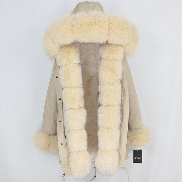 2019 Long Parkas Real Fur Parka Winter Jacket Coat Women Natural Silver Fox Fur Trim Hood Thick Warm Streetwear Detachable New
