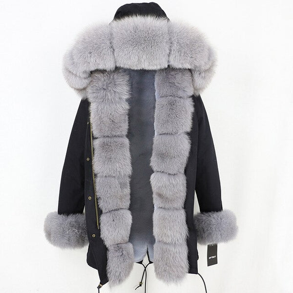 2019 Long Parkas Real Fur Parka Winter Jacket Coat Women Natural Silver Fox Fur Trim Hood Thick Warm Streetwear Detachable New