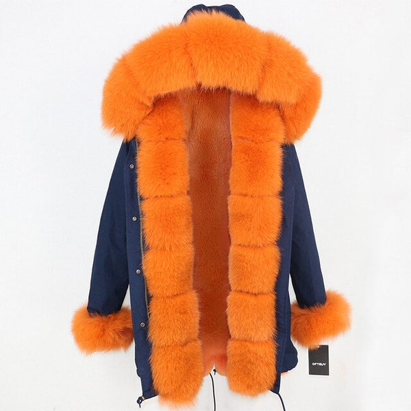 2019 Long Parkas Real Fur Parka Winter Jacket Coat Women Natural Silver Fox Fur Trim Hood Thick Warm Streetwear Detachable New