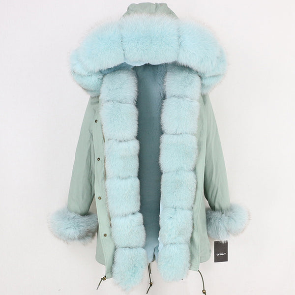 2019 Long Parkas Real Fur Parka Winter Jacket Coat Women Natural Silver Fox Fur Trim Hood Thick Warm Streetwear Detachable New