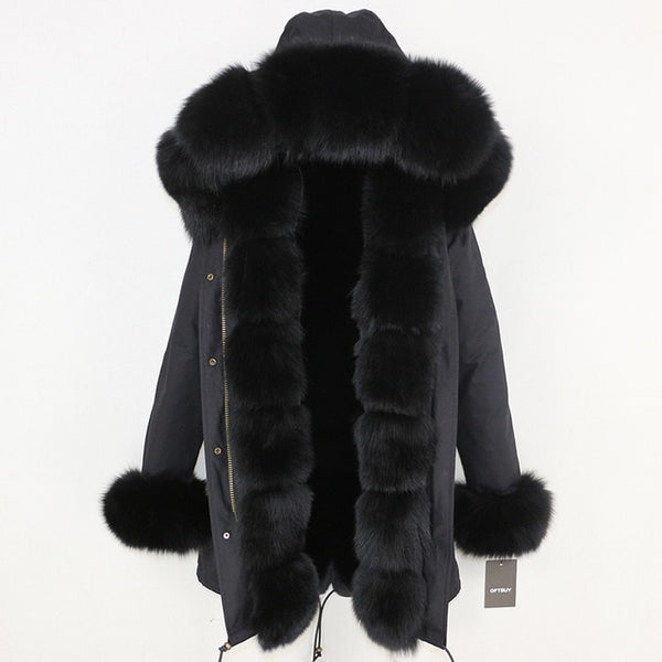 2019 Long Parkas Real Fur Parka Winter Jacket Coat Women Natural Silver Fox Fur Trim Hood Thick Warm Streetwear Detachable New