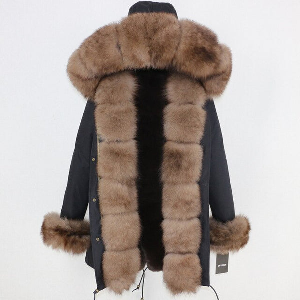2019 Long Parkas Real Fur Parka Winter Jacket Coat Women Natural Silver Fox Fur Trim Hood Thick Warm Streetwear Detachable New
