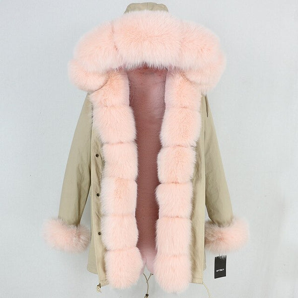 2019 Long Parkas Real Fur Parka Winter Jacket Coat Women Natural Silver Fox Fur Trim Hood Thick Warm Streetwear Detachable New