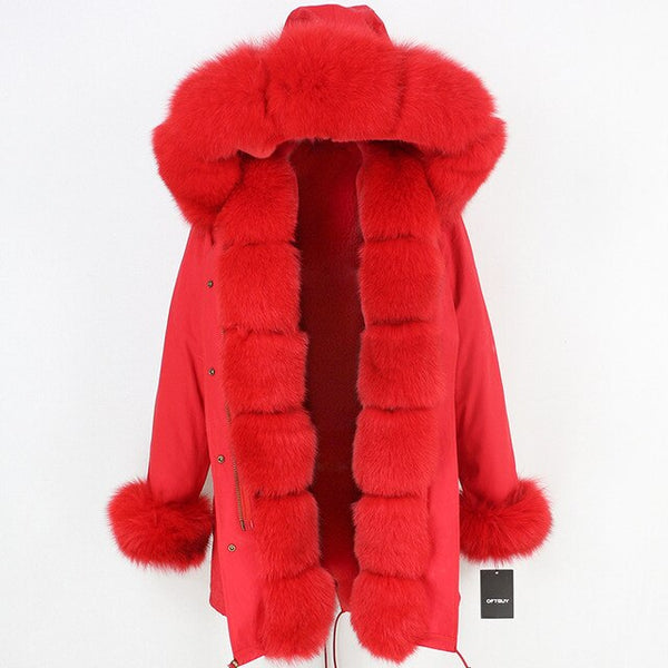 2019 Long Parkas Real Fur Parka Winter Jacket Coat Women Natural Silver Fox Fur Trim Hood Thick Warm Streetwear Detachable New