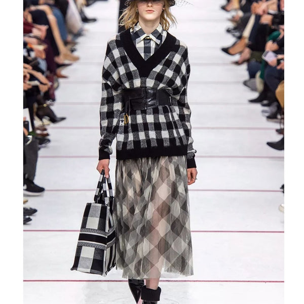 Cosmicchic 2019 Fall Winter Runway Elegant High Waist Pleated Midi Skirt Black White Plaid Mesh Skirt Office Lady Silk Skirts