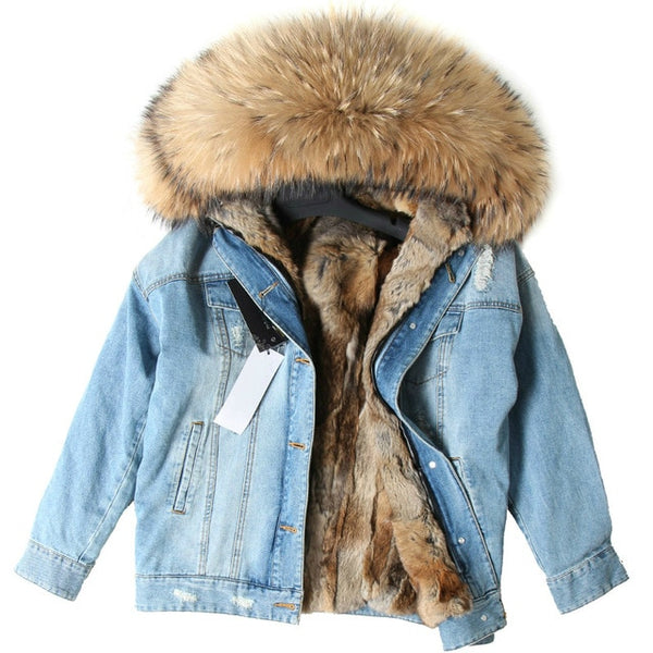 OFTBUY 2019 Winter Jacket Women Real Fur Coat Parka Real raccoon collar Rex Rabbit liner striped bomber Denim jacket Streetwear