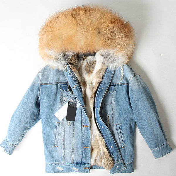 OFTBUY 2019 Winter Jacket Women Real Fur Coat Parka Real raccoon collar Rex Rabbit liner striped bomber Denim jacket Streetwear