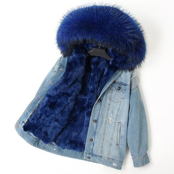 OFTBUY 2019 Winter Jacket Women Real Fur Coat Parka Real raccoon collar Rex Rabbit liner striped bomber Denim jacket Streetwear