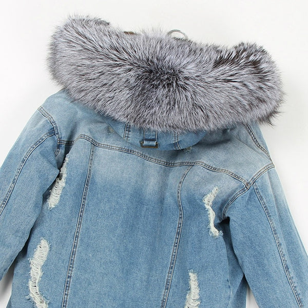 OFTBUY 2019 Winter Jacket Women Real Fur Coat Parka Real raccoon collar Rex Rabbit liner striped bomber Denim jacket Streetwear