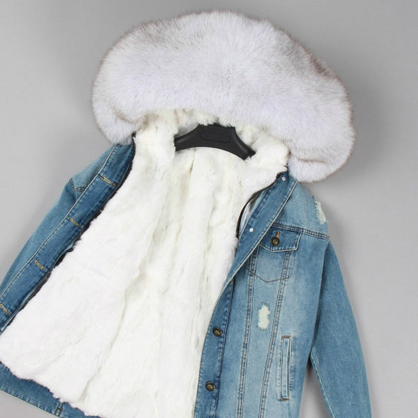 OFTBUY 2019 Winter Jacket Women Real Fur Coat Parka Real raccoon collar Rex Rabbit liner striped bomber Denim jacket Streetwear