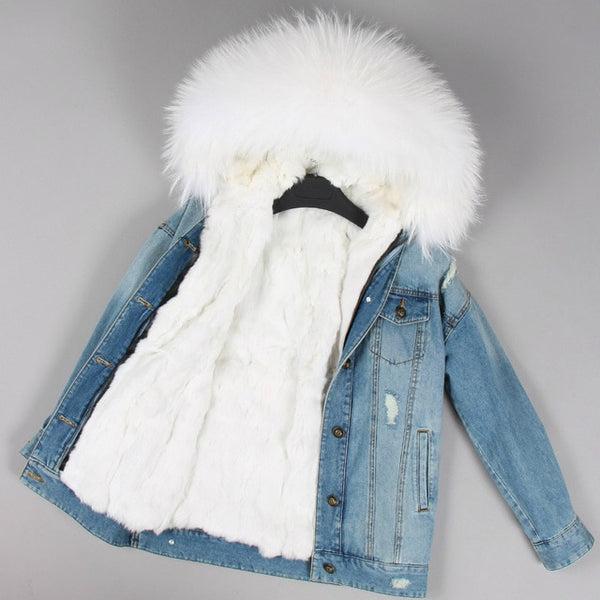 OFTBUY 2019 Winter Jacket Women Real Fur Coat Parka Real raccoon collar Rex Rabbit liner striped bomber Denim jacket Streetwear