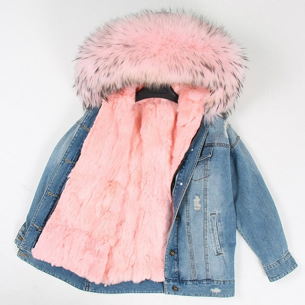 OFTBUY 2019 Winter Jacket Women Real Fur Coat Parka Real raccoon collar Rex Rabbit liner striped bomber Denim jacket Streetwear