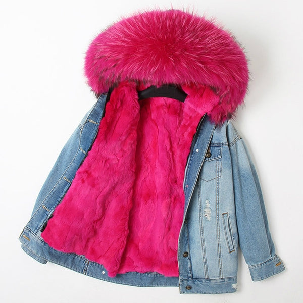 OFTBUY 2019 Winter Jacket Women Real Fur Coat Parka Real raccoon collar Rex Rabbit liner striped bomber Denim jacket Streetwear