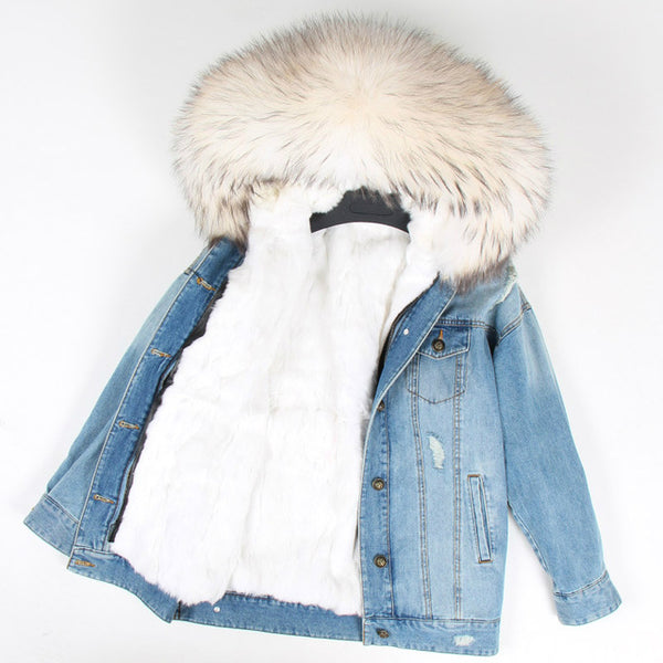 OFTBUY 2019 Winter Jacket Women Real Fur Coat Parka Real raccoon collar Rex Rabbit liner striped bomber Denim jacket Streetwear