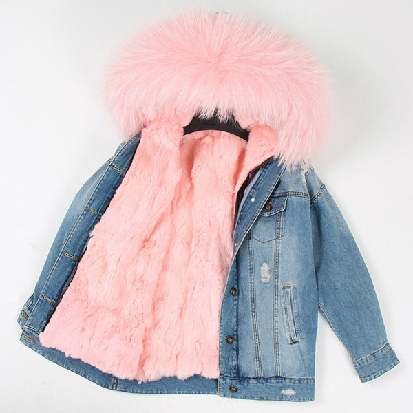 OFTBUY 2019 Winter Jacket Women Real Fur Coat Parka Real raccoon collar Rex Rabbit liner striped bomber Denim jacket Streetwear