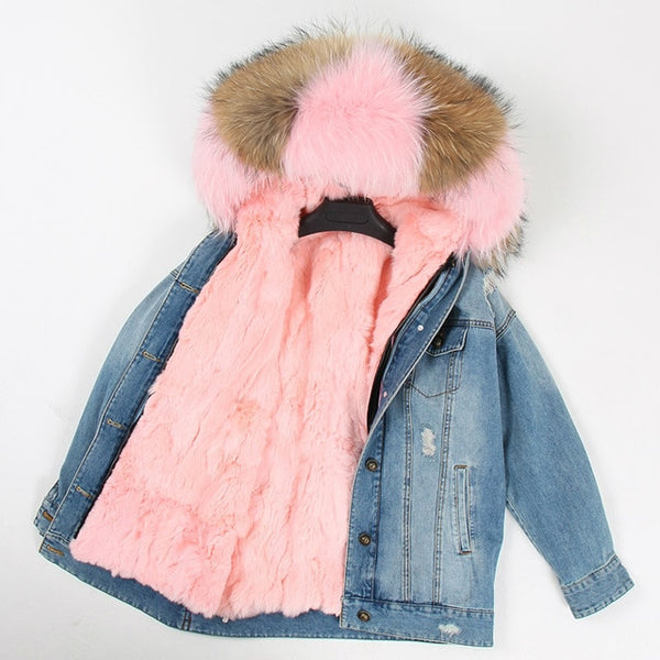 OFTBUY 2019 Winter Jacket Women Real Fur Coat Parka Real raccoon collar Rex Rabbit liner striped bomber Denim jacket Streetwear