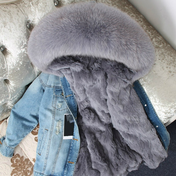 OFTBUY 2019 Winter Jacket Women Real Fur Coat Parka Real raccoon collar Rex Rabbit liner striped bomber Denim jacket Streetwear