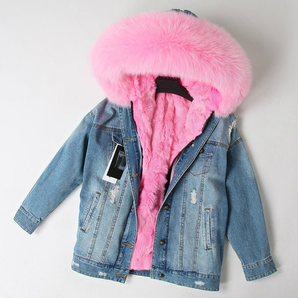 OFTBUY 2019 Winter Jacket Women Real Fur Coat Parka Real raccoon collar Rex Rabbit liner striped bomber Denim jacket Streetwear