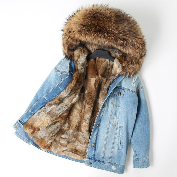 OFTBUY 2019 Winter Jacket Women Real Fur Coat Parka Real raccoon collar Rex Rabbit liner striped bomber Denim jacket Streetwear