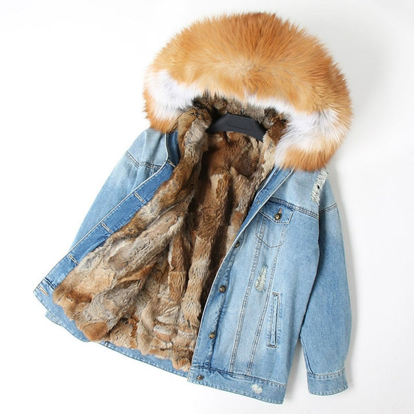 OFTBUY 2019 Winter Jacket Women Real Fur Coat Parka Real raccoon collar Rex Rabbit liner striped bomber Denim jacket Streetwear