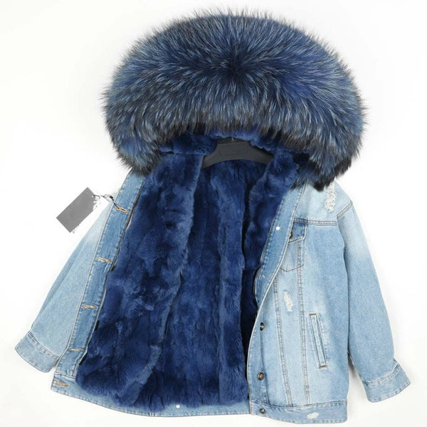 OFTBUY 2019 Winter Jacket Women Real Fur Coat Parka Real raccoon collar Rex Rabbit liner striped bomber Denim jacket Streetwear