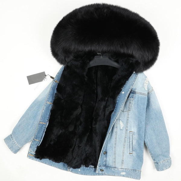 OFTBUY 2019 Winter Jacket Women Real Fur Coat Parka Real raccoon collar Rex Rabbit liner striped bomber Denim jacket Streetwear
