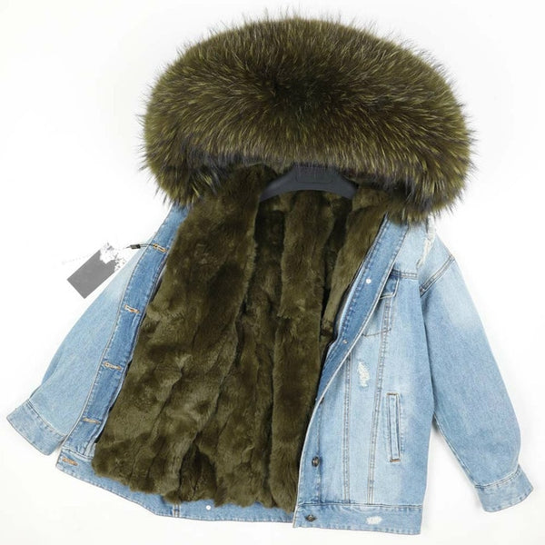 OFTBUY 2019 Winter Jacket Women Real Fur Coat Parka Real raccoon collar Rex Rabbit liner striped bomber Denim jacket Streetwear
