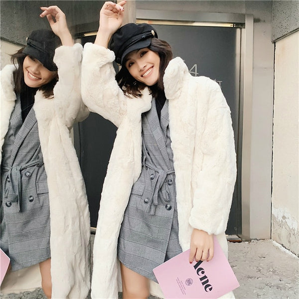 OFTBUY 2019 Real Fur Coat Winter Jacket Women Natural Rex Rabbit Fur Long Overcoat Stand Collar Streetwear Thick Warm Outerwear