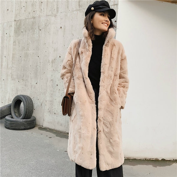 OFTBUY 2019 Real Fur Coat Winter Jacket Women Natural Rex Rabbit Fur Long Overcoat Stand Collar Streetwear Thick Warm Outerwear