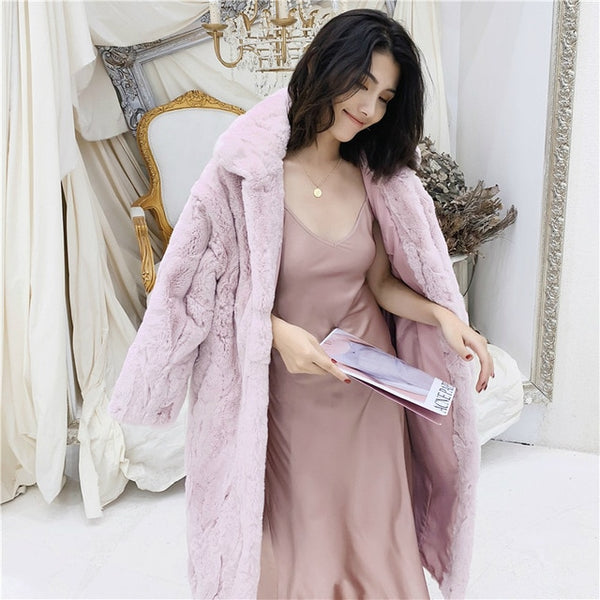 OFTBUY 2019 Real Fur Coat Winter Jacket Women Natural Rex Rabbit Fur Long Overcoat Stand Collar Streetwear Thick Warm Outerwear