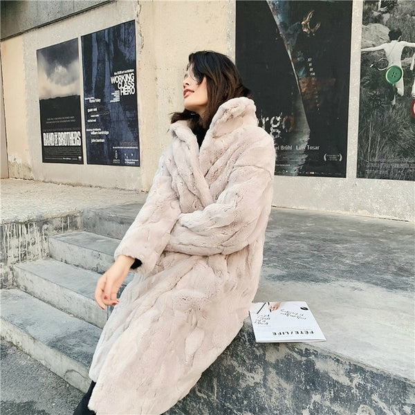OFTBUY 2019 Real Fur Coat Winter Jacket Women Natural Rex Rabbit Fur Long Overcoat Stand Collar Streetwear Thick Warm Outerwear