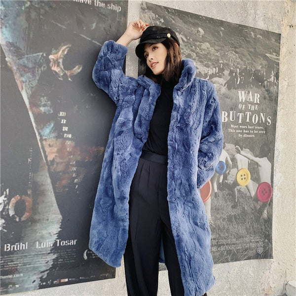 OFTBUY 2019 Real Fur Coat Winter Jacket Women Natural Rex Rabbit Fur Long Overcoat Stand Collar Streetwear Thick Warm Outerwear