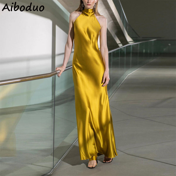 Yellow Long Party Dress High Waist Summer Brand Designers Halter Off the Shoulder Satin Silk Dress Maxi Dresses Vestidos 201