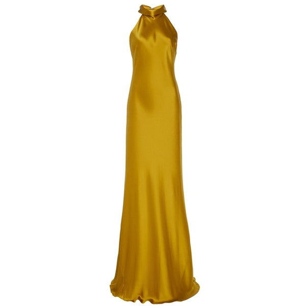 Yellow Long Party Dress High Waist Summer Brand Designers Halter Off the Shoulder Satin Silk Dress Maxi Dresses Vestidos 201