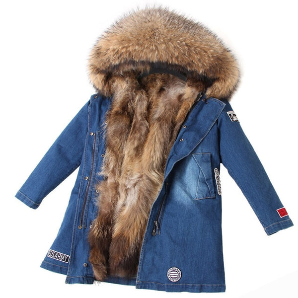 Women Parkas Real Natural Fur Winter Parka Raccoon Fur Collar Fox Fur Liner Jacket Coat